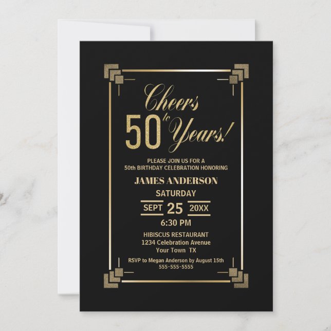 50th Birthday Black and Gold Party Invitation (Front)