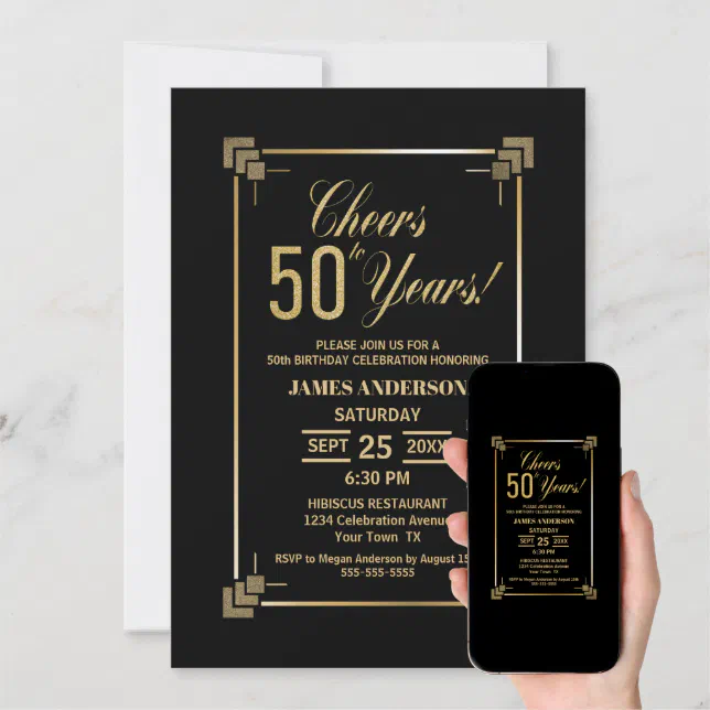 50th Birthday Black and Gold Party Invitation | Zazzle