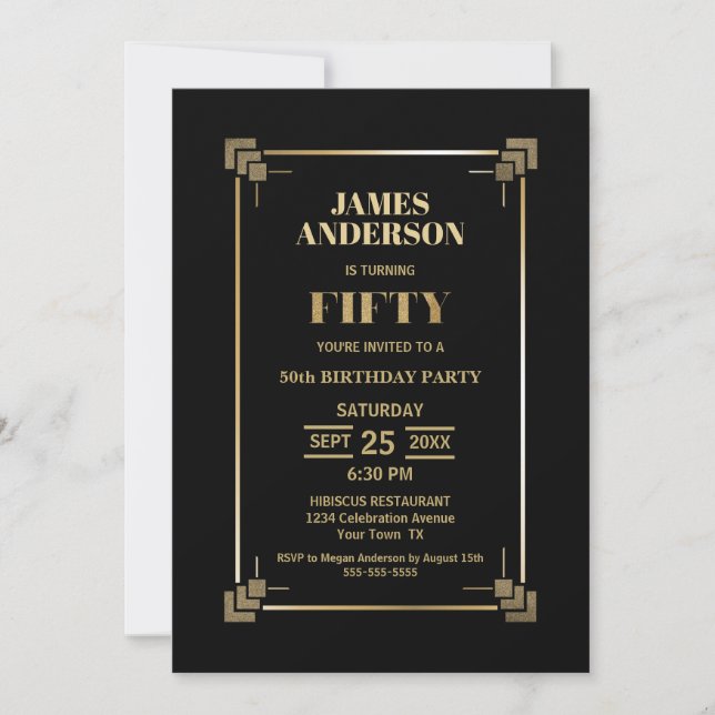 50th Birthday Black and Gold Party Invitation (Front)