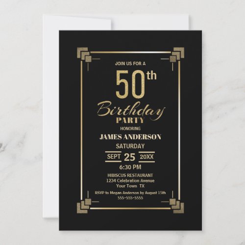 50th Birthday Black and Gold Party Invitation