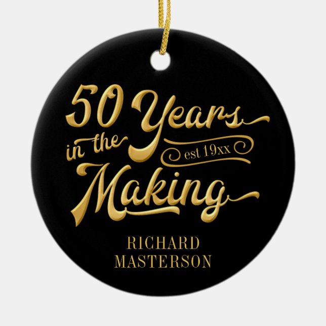 50th Birthday Black and Gold Photo Keepsake Ceramic Ornament (Front)