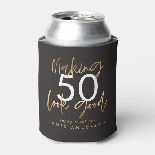 50th Birthday black and gold simple elegant modern Can Cooler