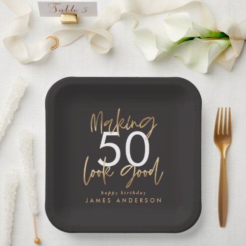 50th Birthday black and gold simple elegant modern Paper Plates