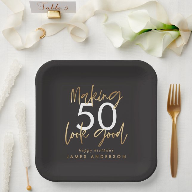 50th Birthday black and gold simple elegant modern Paper Plates (Wedding)