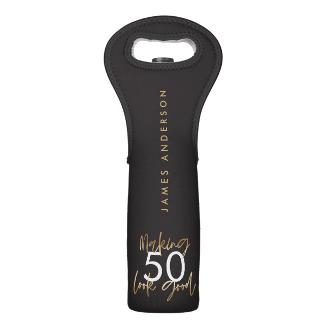 50th Birthday black and gold simple elegant modern Wine Bag (Front)
