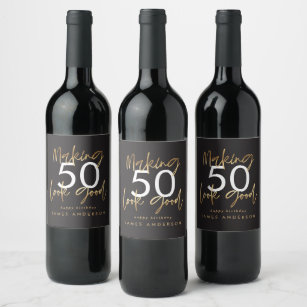 50th Birthday black and gold simple elegant modern Wine Label