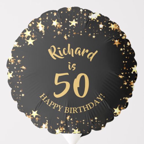 50th Birthday Black and Gold Stars Name Balloon
