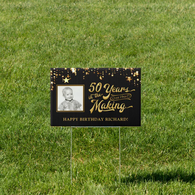 50th Birthday Black and Gold Stars Photo Sign | Zazzle