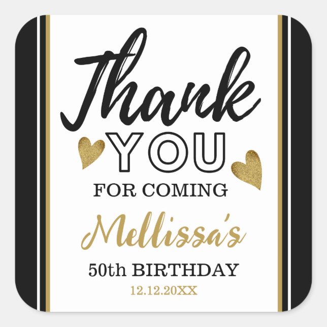 50th Birthday Black And Gold Thank You Favor Square Sticker (Front)