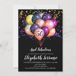 50th Birthday Black And Multi Colored Balloons Invitation