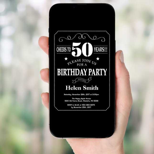 50th Birthday Black and White Chalkboard Invitation (Front Digital)