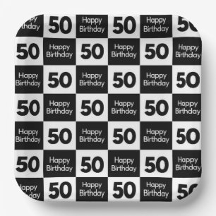 50th Birthday Black and White Checkerboard Design Paper Plates