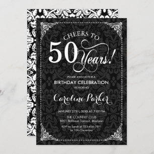 50th Birthday - Black and White Damask Invitation