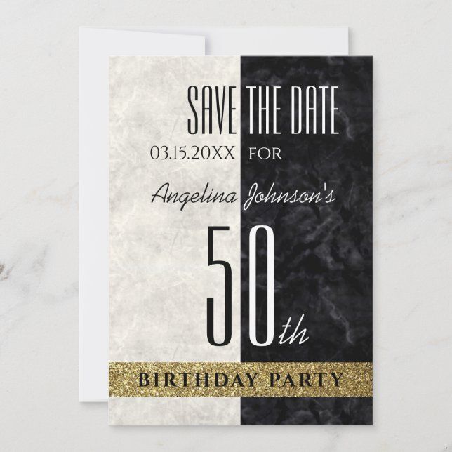50th Birthday Black and White Save The Date (Front)