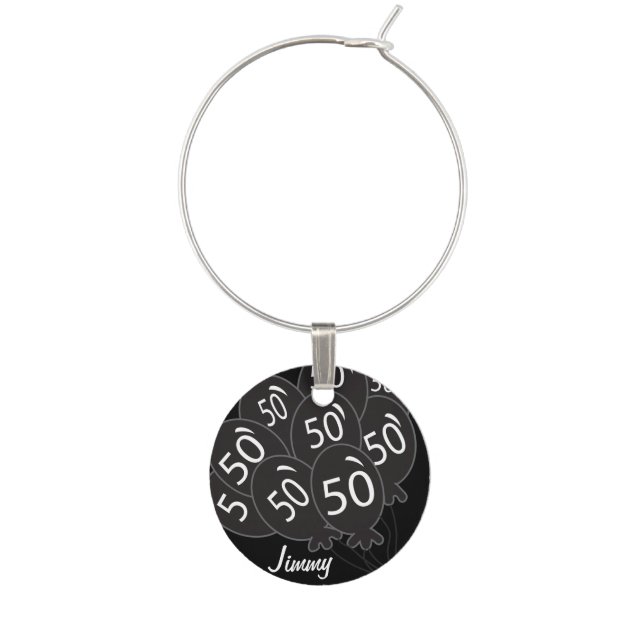 50th Birthday - Black Balloons Wine Charm (Front)