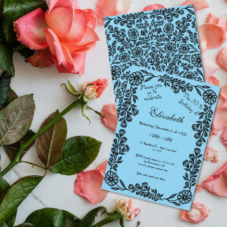 50th Birthday Black & Blue Botanical Floral Invitation