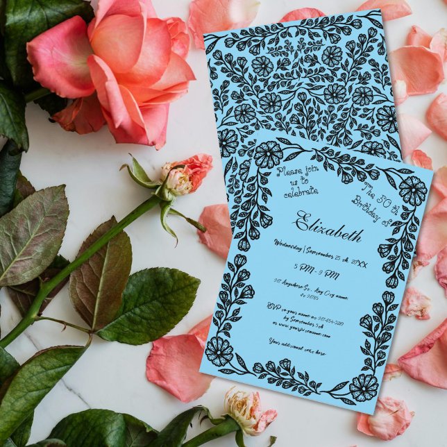 50th Birthday Black & Blue Botanical Floral  Invitation (Creator Uploaded)