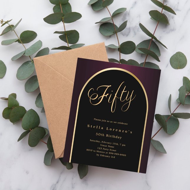 50th birthday black burgundy gold arch invitation (Creator Uploaded)