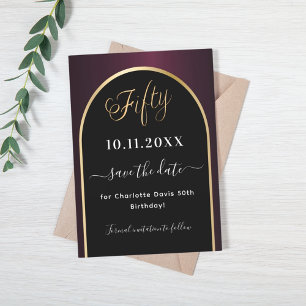 50th birthday black burgundy gold arch save the date