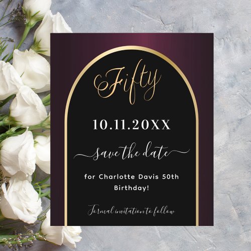 50th birthday black burgundy save the date card