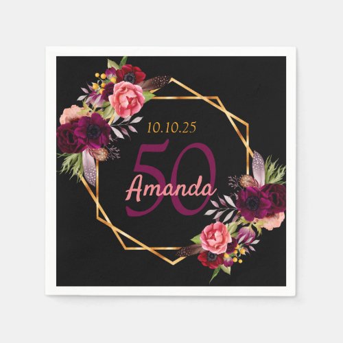 50th birthday black floral gold geometric burgundy napkins