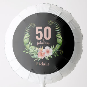 50th birthday black floral script name balloon