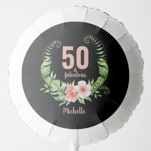 50th birthday black floral script name balloon