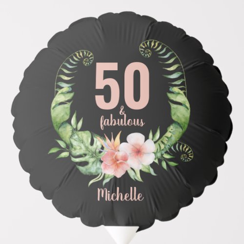 50th birthday black floral script name balloon