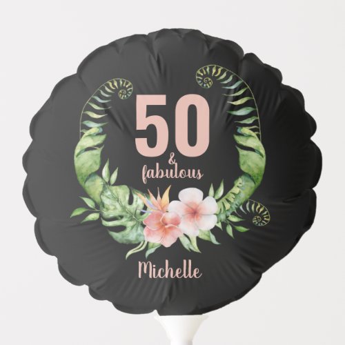 50th birthday black floral script name balloon