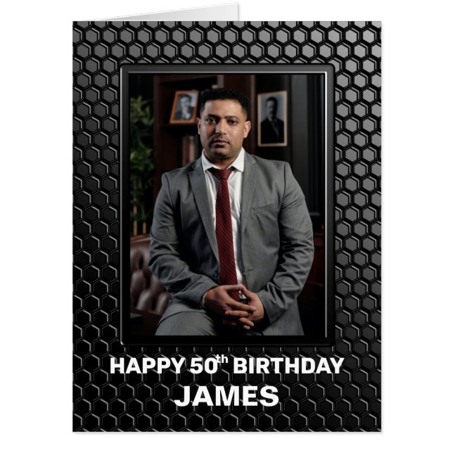 50th Birthday Black Geometric Pattern Custom Photo Card (Front)