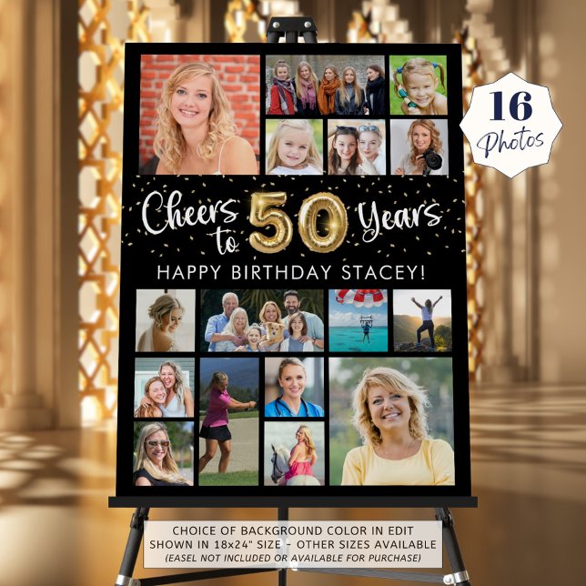 50th Birthday Black Gold 16 Photo Cheers to Years Foam Board (Creator Uploaded)
