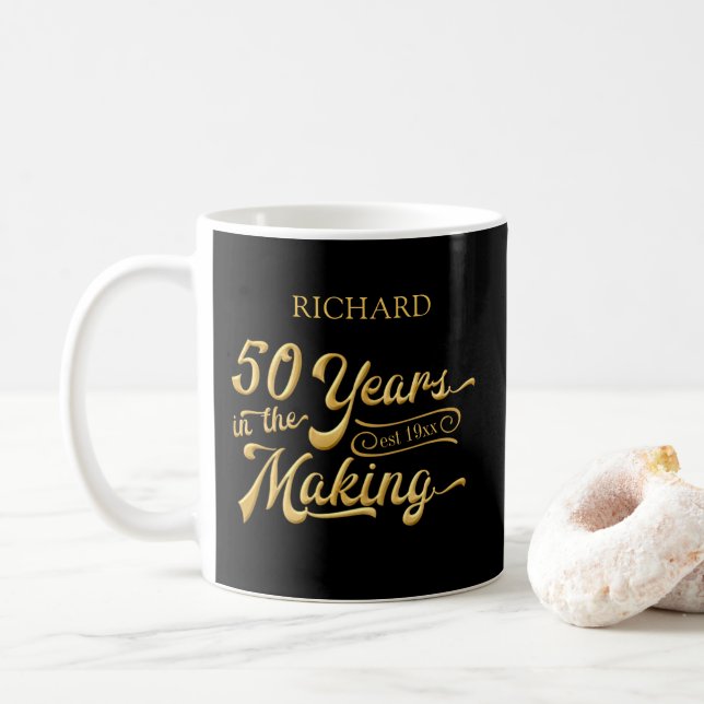 50th Birthday Black Gold 50 YEARS IN THE MAKING Coffee Mug (With Donut)