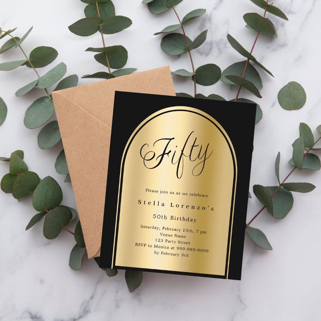 50th birthday black gold arch script invitation (Creator Uploaded)