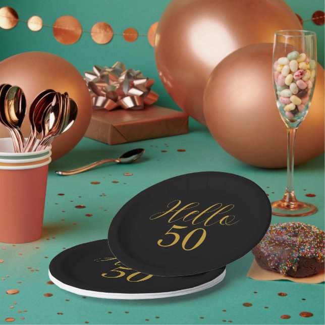 50th Birthday Black Gold Birthday Paper Plates (Multi)