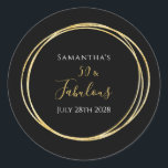 50th Birthday Black Gold Birthday Party Classic Round Sticker<br><div class="desc">This is an elegant 50th birthday party invitation mailing accessory. This stylish envelope seal design is in classic black and gold. It has the text, "Samantha's 50 and Fabulous" and the celebration date. This simple, modern, typography motif is framed by an elegant gold effect circle. This stylish design is perfect...</div>