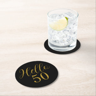 50th Birthday Black Gold Birthday Round Paper Coaster