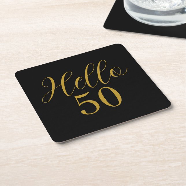 50th Birthday Black Gold Birthday Square Paper Coaster (Angled)
