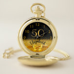 50th birthday black gold bow name elegant pocket watch<br><div class="desc">Elegant, classic, glamorous and feminine. A faux gold colored bow and ribbon with golden glitter and sparkle, a bit of bling and luxury for a birthday gift or keepsake. Black background. Templates for her name, and the age 50. The name is written with a modern hand lettered style script. Golden...</div>