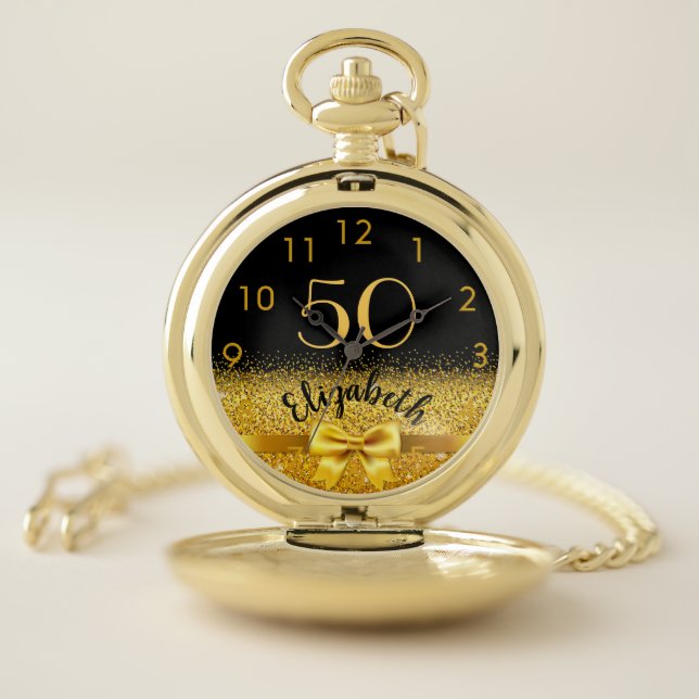50th birthday black gold bow name elegant pocket watch (Inside)