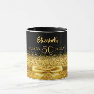 50th birthday black gold bow name mug