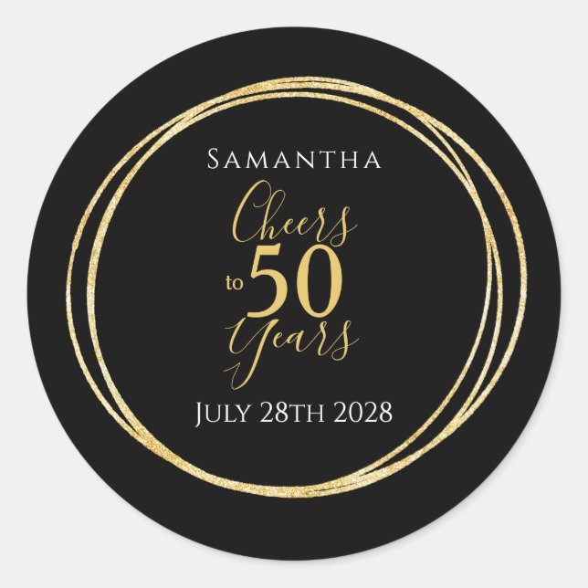 50th Birthday Black Gold Cheers to 50 Years Classic Round Sticker (Front)