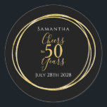50th Birthday Black Gold Cheers to 50 Years Classic Round Sticker<br><div class="desc">This is a chic and elegant, personalized, 50th birthday design. This stylish design is in classic black and gold. It has the message, "Samantha", "Cheers to 50 years" and the celebration date. This modern, typography motif is framed by an elegant gold foil effect circle. This stylish design is perfect for...</div>