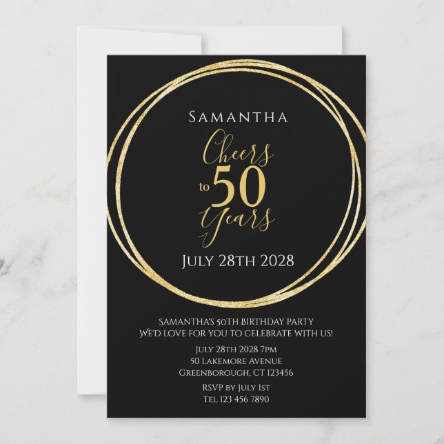 50th Birthday Black Gold Cheers to 50 Years Party Invitation (Front)