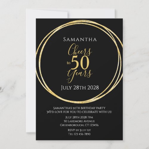 50th Birthday Black Gold Cheers to 50 Years Party Invitation