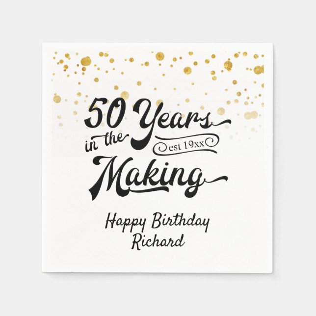 50th Birthday Black Gold Confetti Retro Script Napkins (Front)