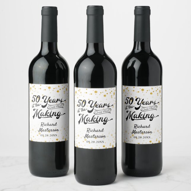 50th Birthday Black Gold Confetti Retro Script Wine Label (Bottles)