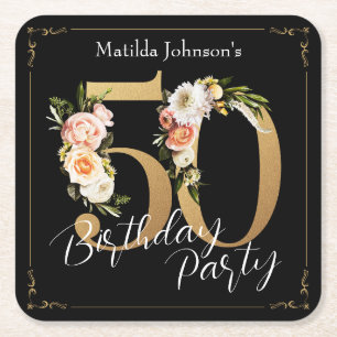 50th Birthday Black Gold Floral Vintage Bohemian Square Paper Coaster