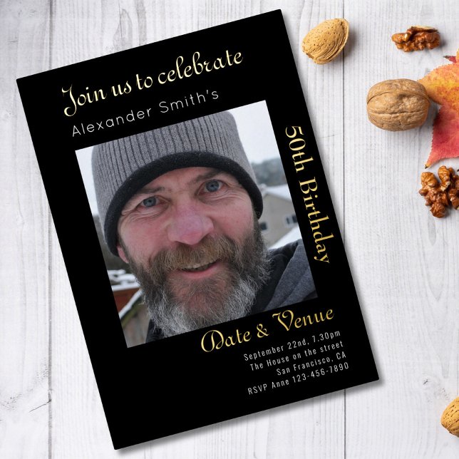 50th Birthday Black Gold Foil Invitation (Creator Uploaded)