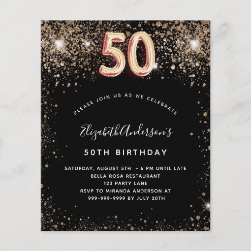 50th birthday black gold glitter budget invitation flyer | Zazzle