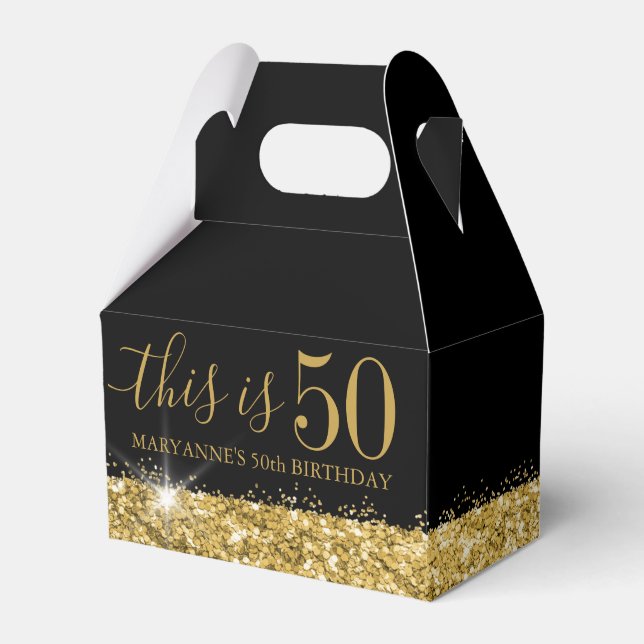 50th Birthday Black Gold Glitter Confetti Favor Boxes (Front Side)